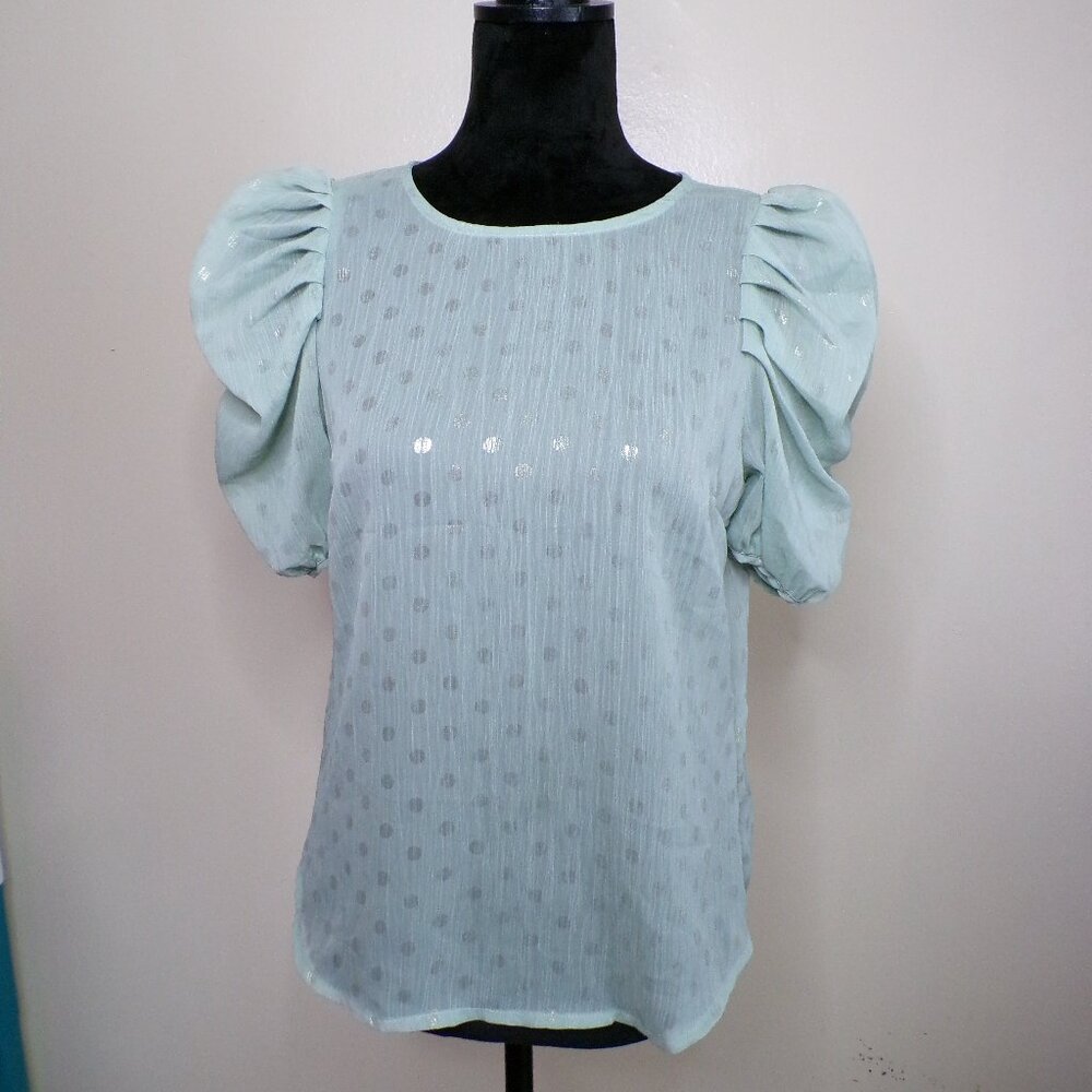 Mint Puff Sleeve Swiss Dot Blouse – Button Back Detail